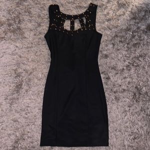 black dress with gold beads